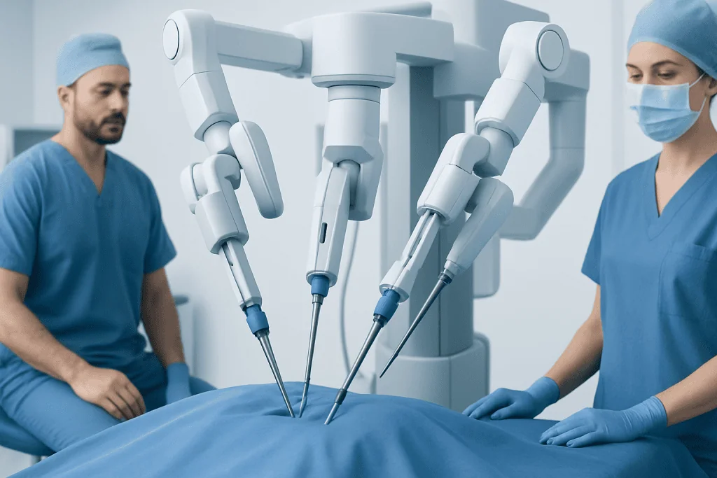 Robotic surgical system performing urologic surgery in a hospital operating room.
