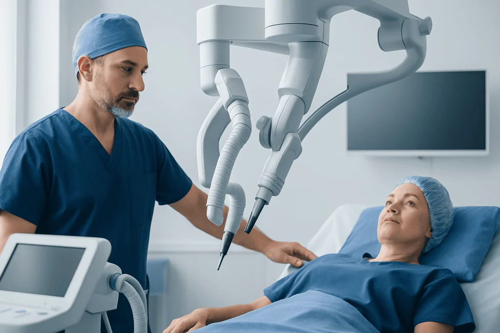 Surgeon performing minimally invasive surgery with robotic arms at Acibadem Hospital.