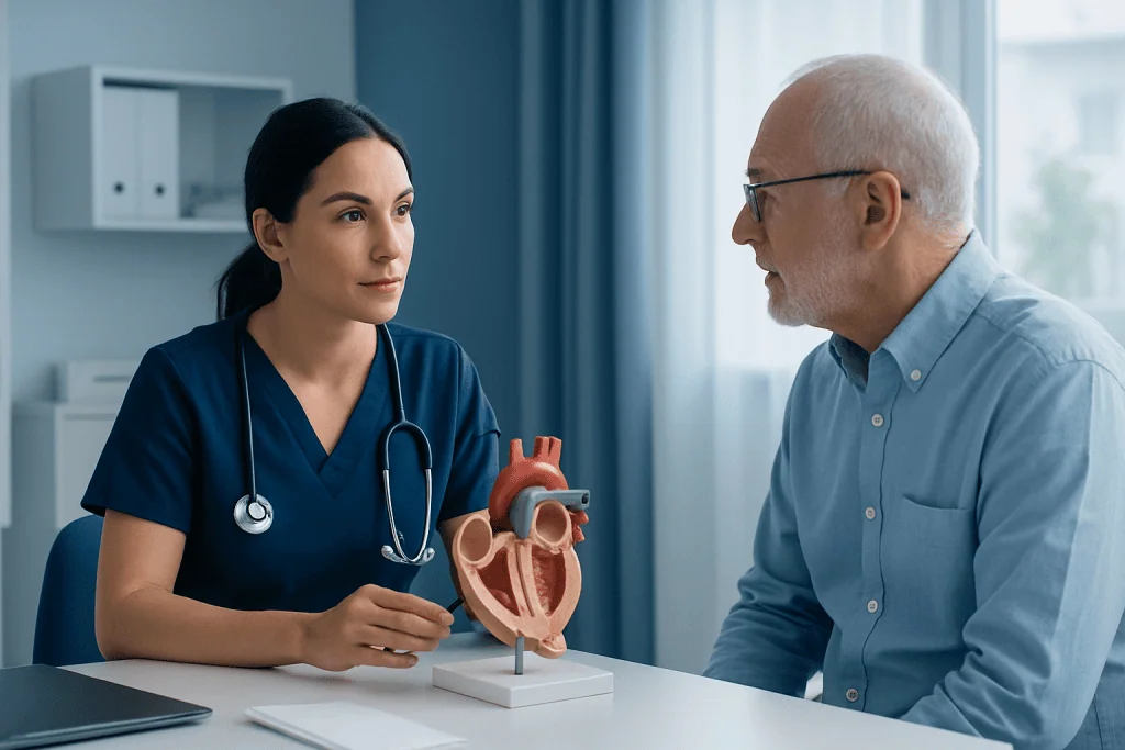Cardiologist explaining a heart model to a patient in a consultation room.
