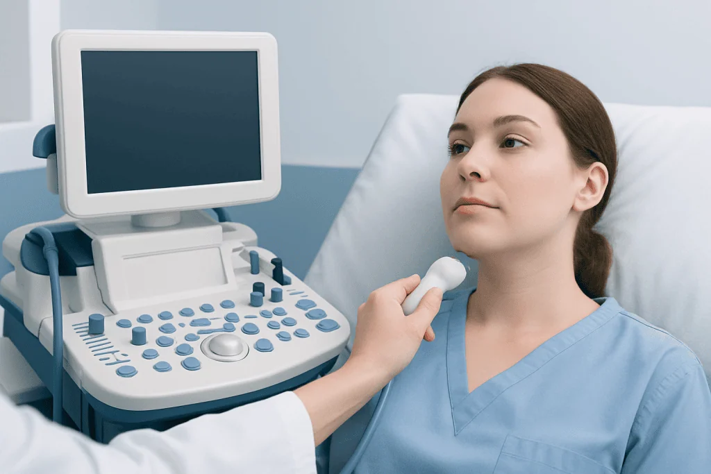 Medical professional performing an ultrasound on a young woman in a clinical setting.