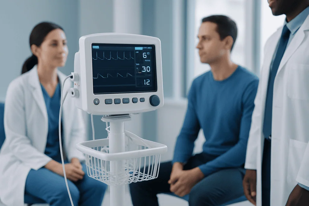 Medical professionals monitor patient vital signs in a hospital room.