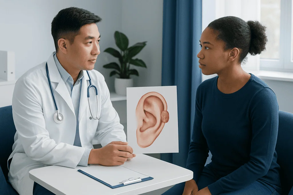 Doctor explaining ear anatomy to patient in consultation room.