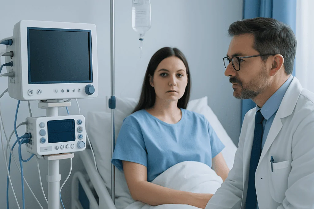 Doctor consulting with a patient in a hospital room with medical equipment.