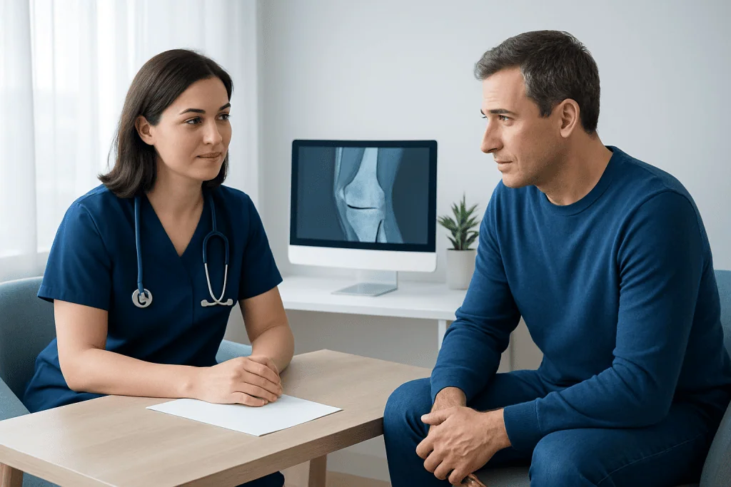 Doctor discussing knee MRI results with patient in clinic.