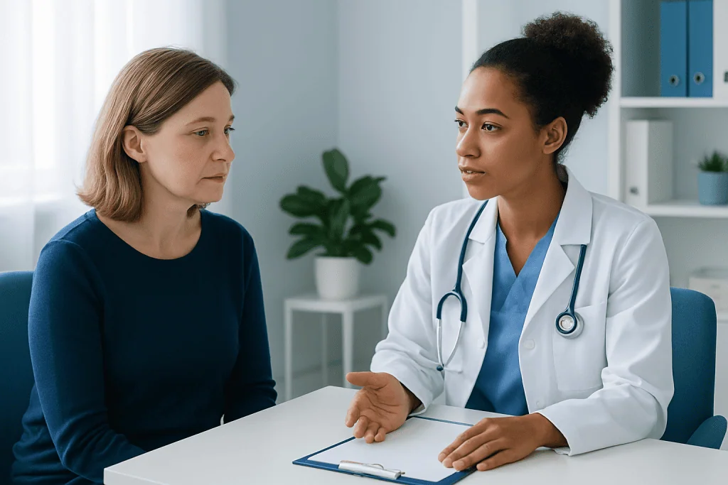 Doctor consulting with a patient in a modern medical office.
