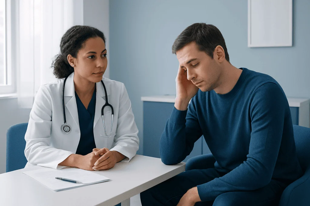 Doctor consulting with a patient in a medical office setting.