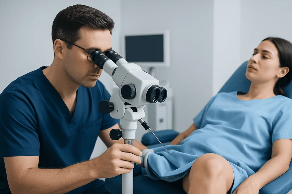 Doctor examining patient with a microscope in a medical clinic setting.