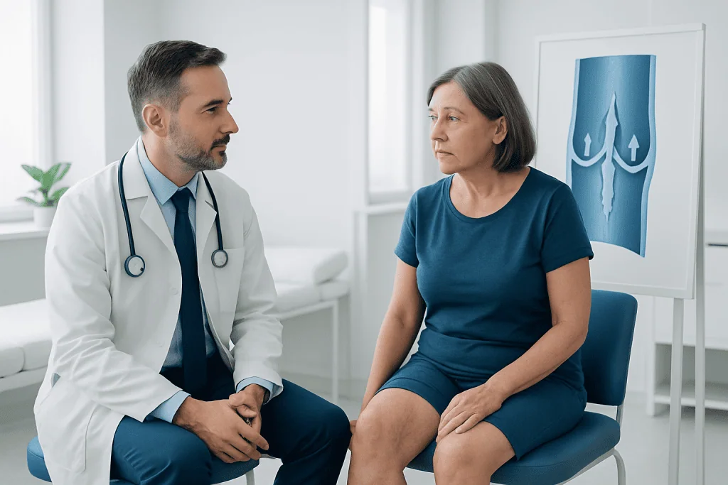 Doctor discussing venous health with a patient in a clinical setting.