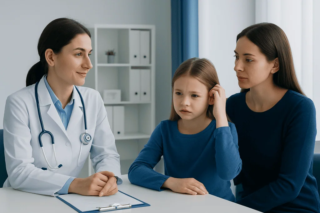 Doctor consulting with young girl and mother about lice bites.