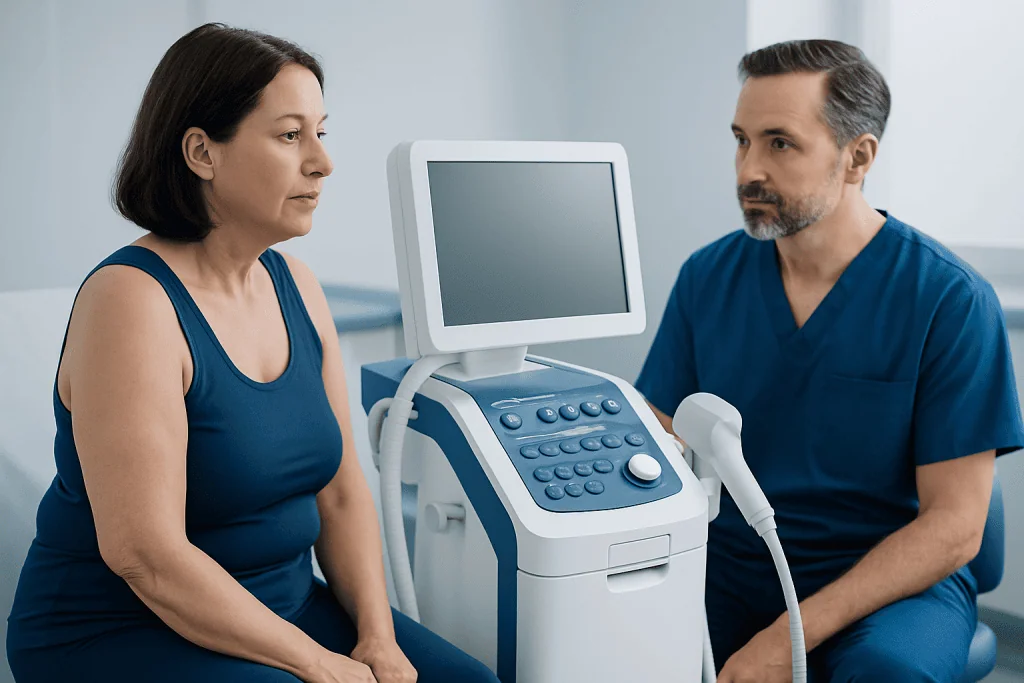 Medical consultation for skin tightening with ultrasound device at Acibadem Hospital.