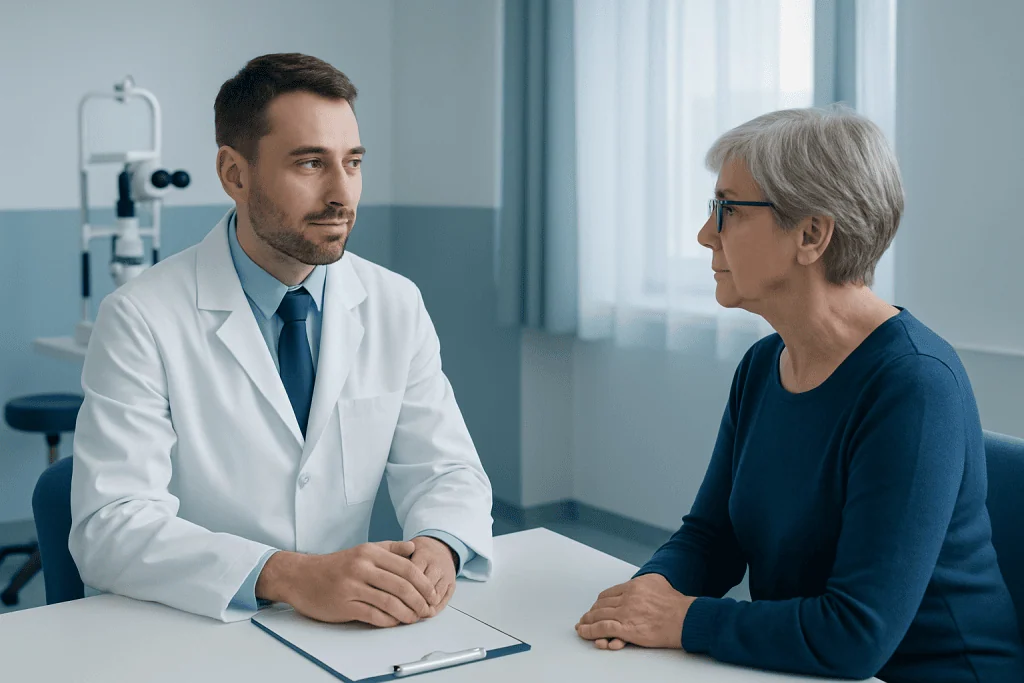 Doctor consulting with an elderly patient in a medical office.