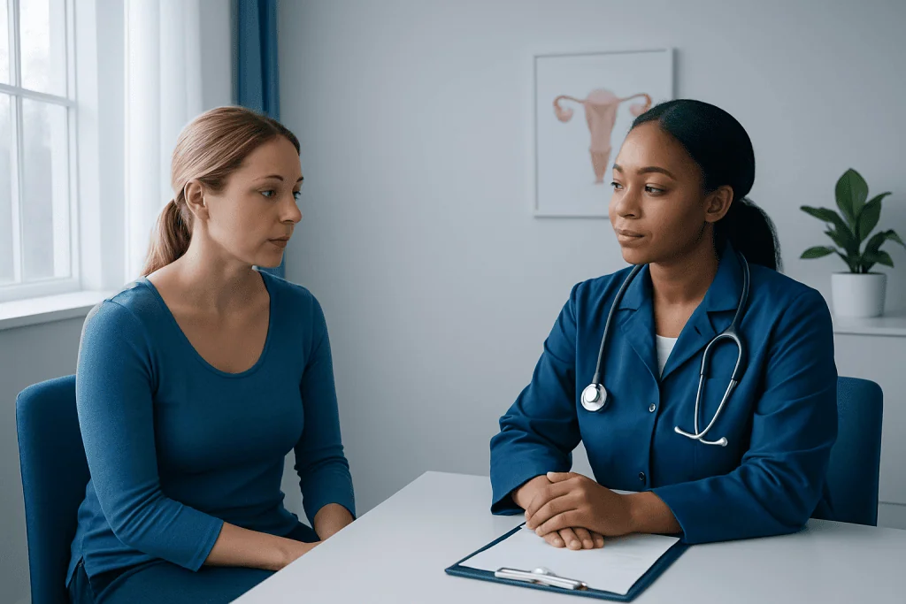 Doctor consulting with patient in a medical office setting.