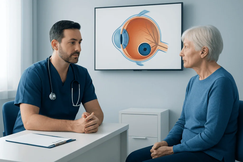 Ophthalmologist explains macular hole to elderly patient in consultation room.