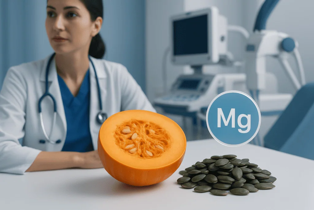 Medical professional with pumpkin seeds and magnesium symbol for health benefits.