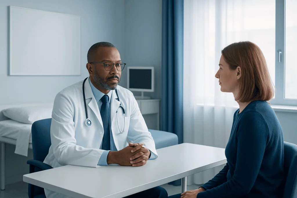 Doctor consulting with a female patient in a modern hospital room.