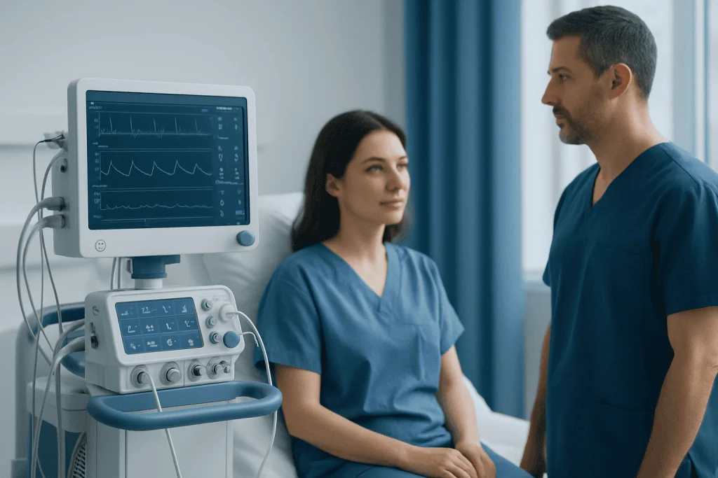 Doctor and patient in a hospital room with medical monitoring equipment.