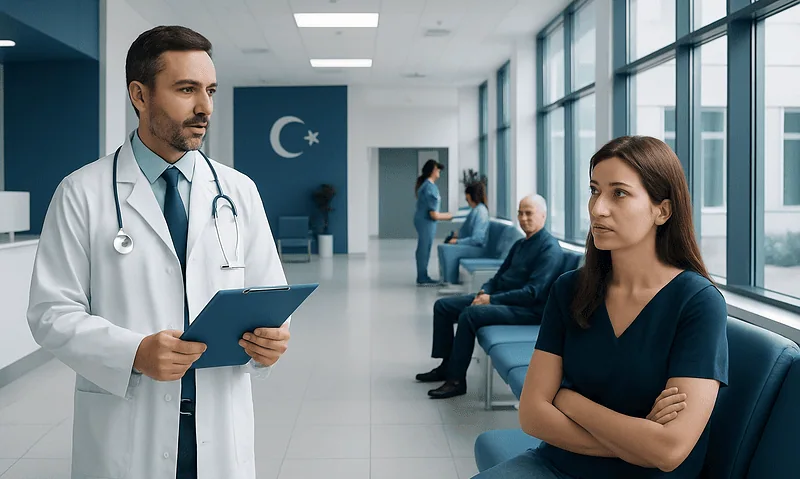 Doctor consulting with patient in hospital corridor with Turkish flag.