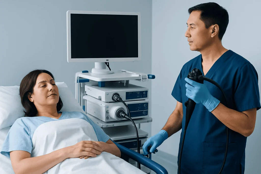 Doctor performing a colonoscopy on a patient in a hospital room.