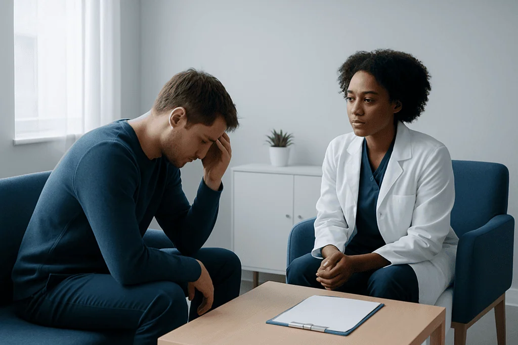 Patient experiencing mental fatigue during a consultation with a healthcare professional.