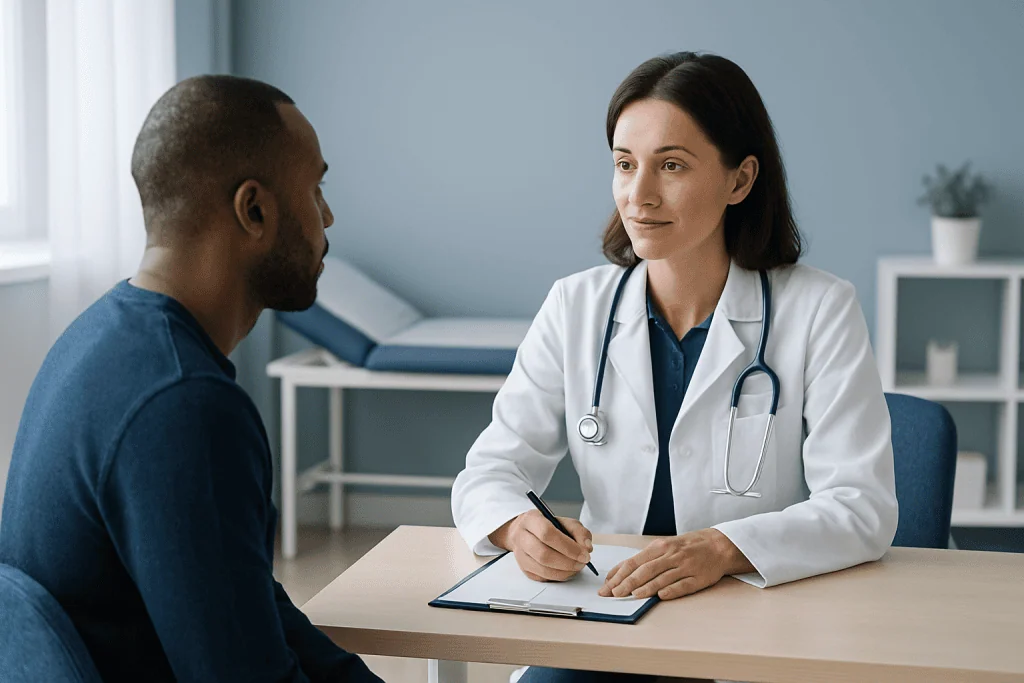 Doctor consulting with a patient in a medical office setting.