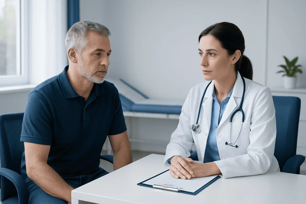 Doctor consulting with middle-aged male patient in a medical office.