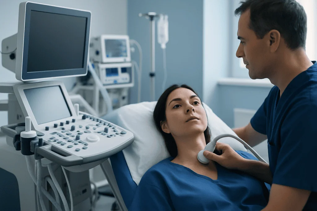 Doctor performing an ultrasound on a patient in a hospital room.
