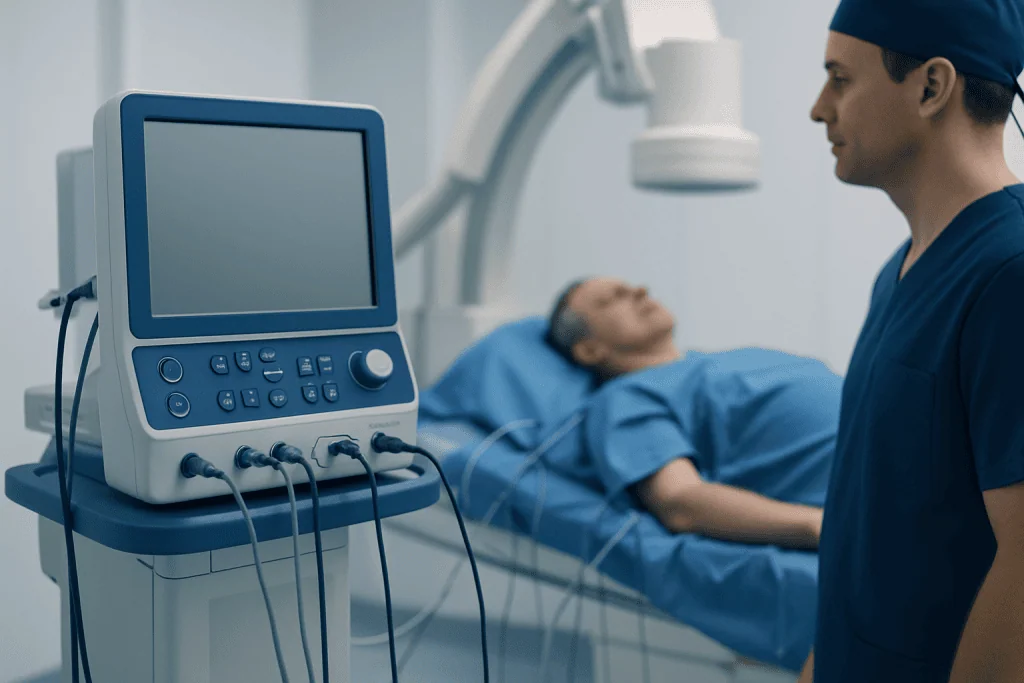Medical professional monitoring patient during electrophysiology procedure at Acibadem Hospital.
