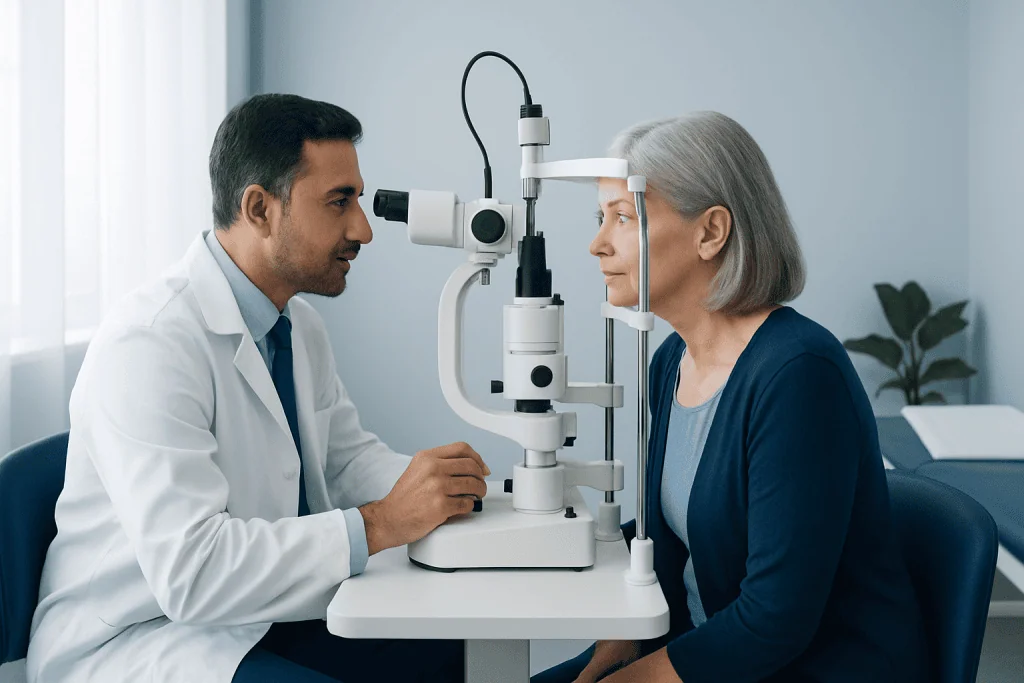 Ophthalmologist performs slit lamp exam on elderly woman in clinic.