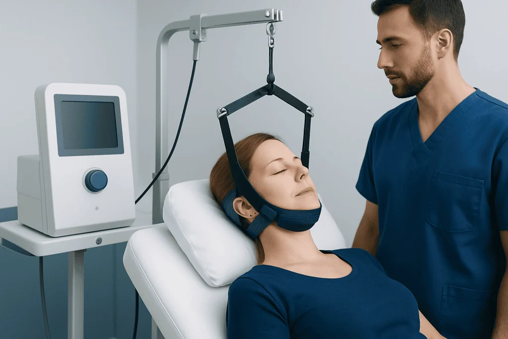 Patient undergoing cervical traction therapy at Acibadem Hospital.