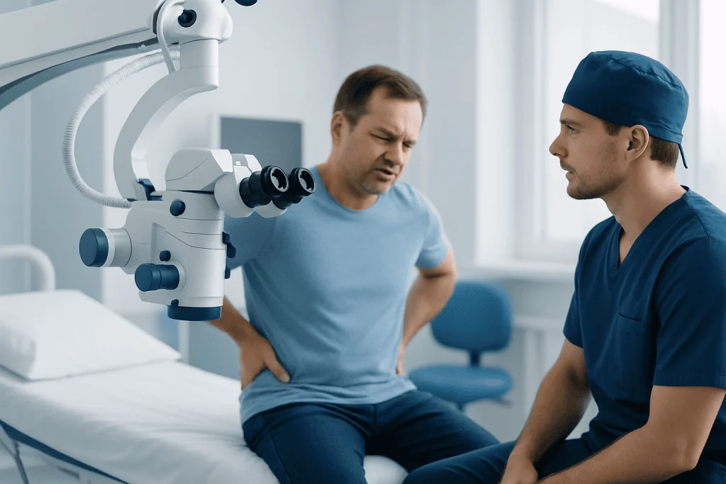 Doctor explaining back pain treatment options to patient in clinic.