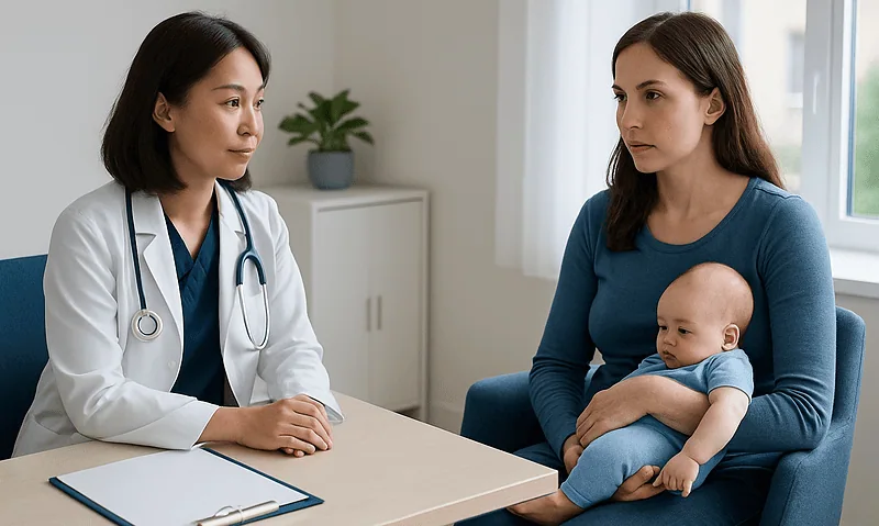 Doctor consulting with mother and baby in a hospital setting.