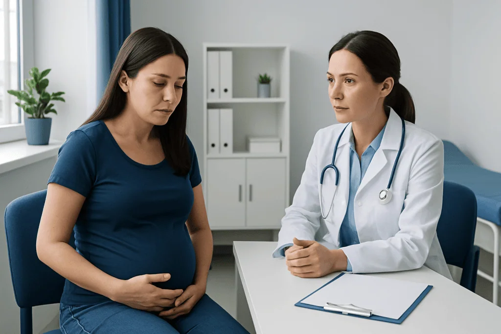 Pregnant woman consulting with a doctor in a medical office.