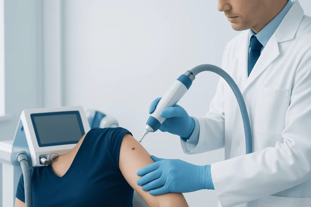 Doctor performing a mole removal procedure on a patient's arm in a clinical setting.