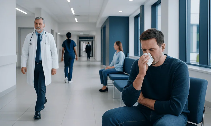 Patient with cold symptoms in hospital corridor at Acibadem Hospitals Group.