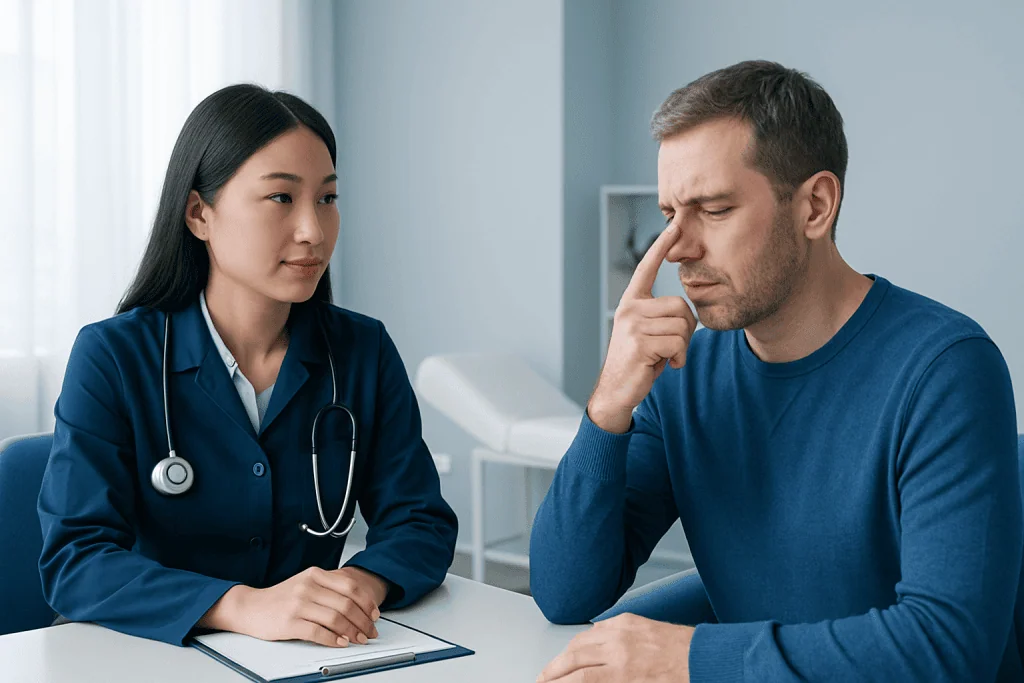 Doctor consulting with patient about nasal health and polyps.