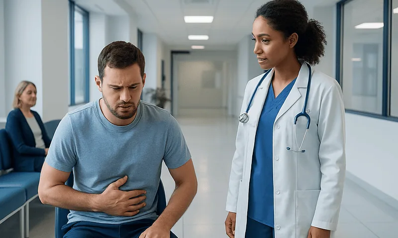 Patient experiencing nausea during a medical consultation at a hospital.