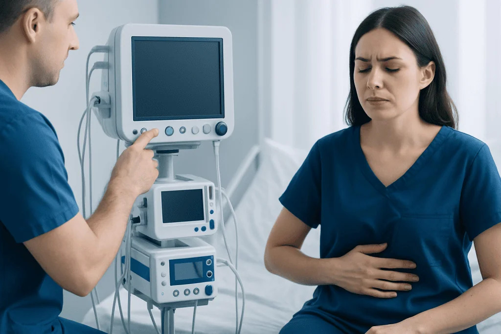 Patient experiencing nausea during medical examination at Acibadem Hospital.