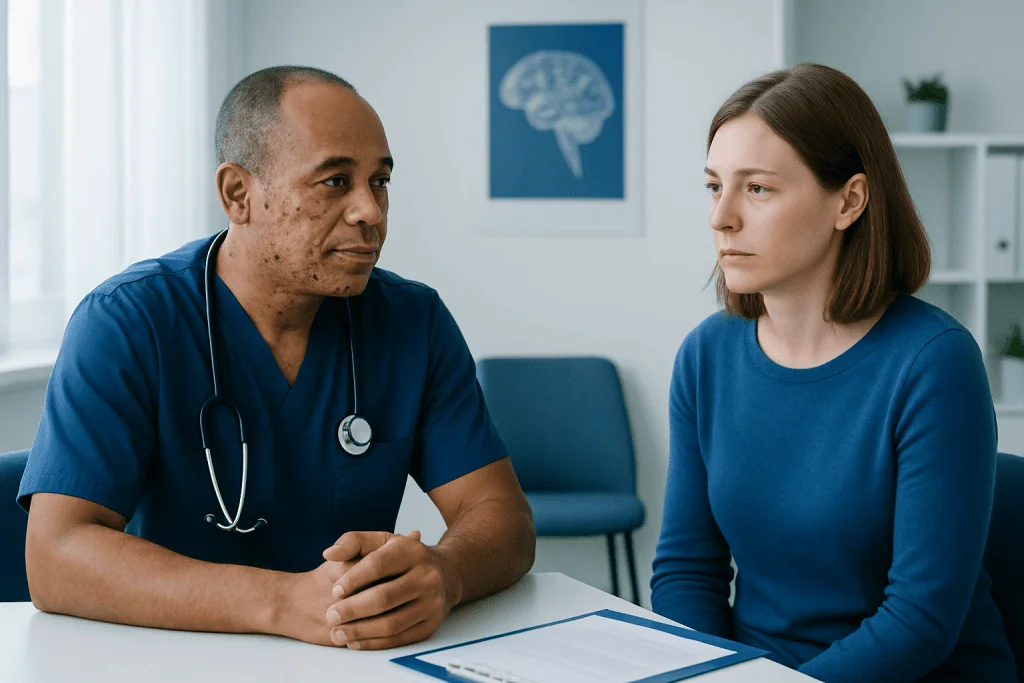 Doctor consulting with a patient in a medical office setting.