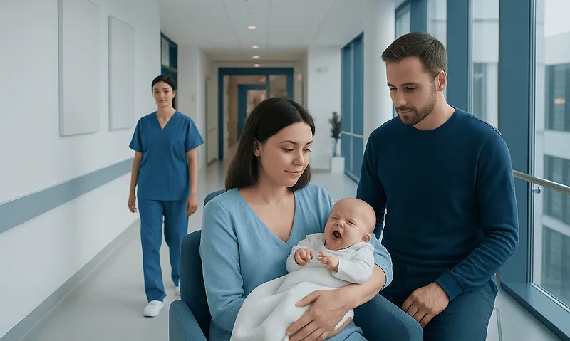Mother holding newborn in hospital corridor with father and nurse nearby.