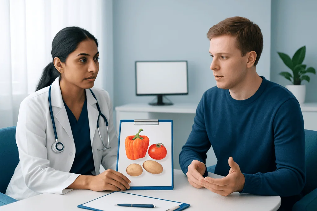 Doctor explaining nightshade foods to patient in consultation room.