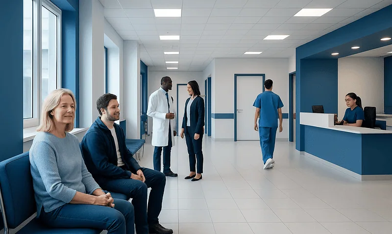 Modern hospital waiting area with patients and staff at Acibadem Hospitals Group.