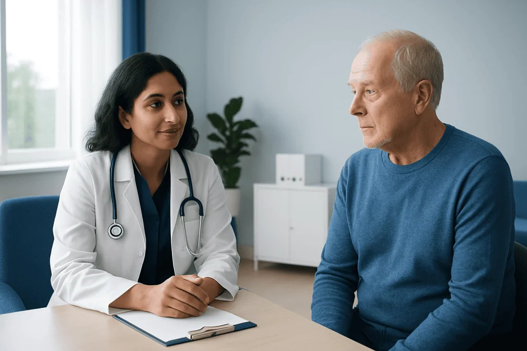 Doctor consulting with an elderly male patient in a medical office.