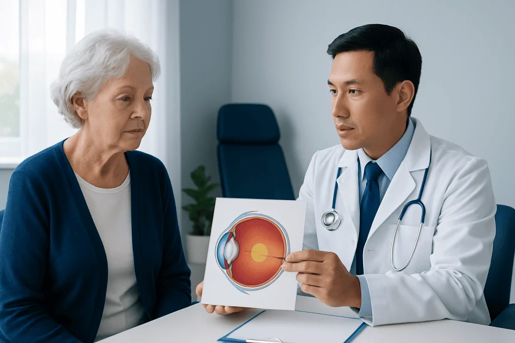 Ophthalmologist explains eye diagram to elderly patient in clinic.