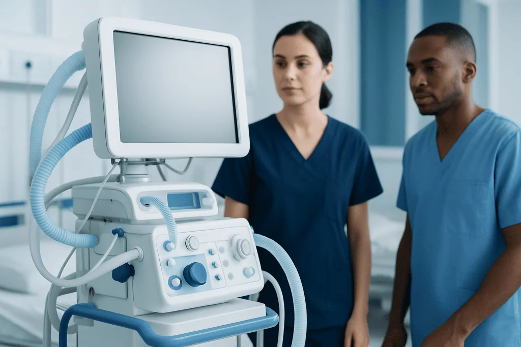 Medical professionals with ultrasound machine in hospital setting.