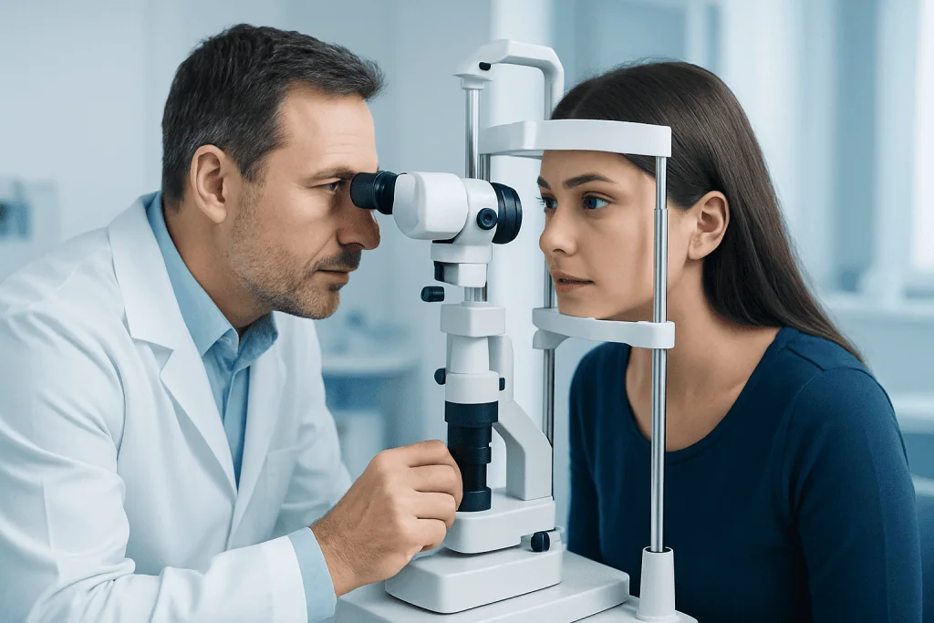 Optometrist examining a young woman's eyes with a slit lamp in a clinic.
