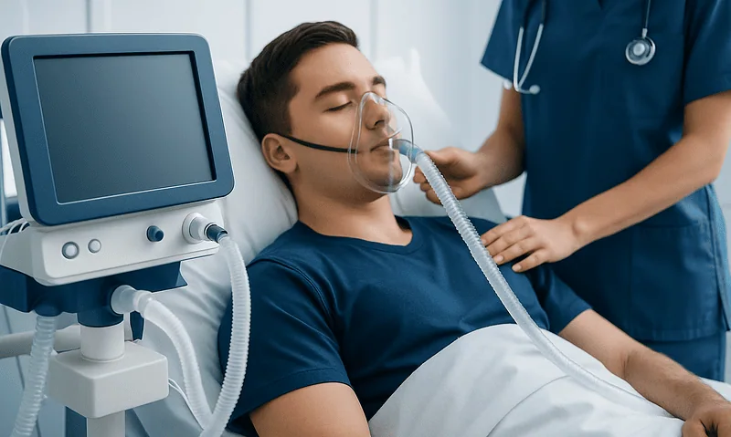 Young male patient on ventilator in hospital bed with medical staff nearby.
