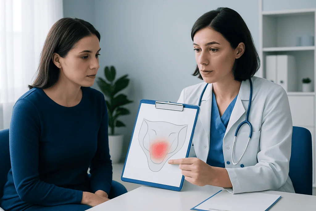 Doctor explaining skin rash causes to patient with diagram.