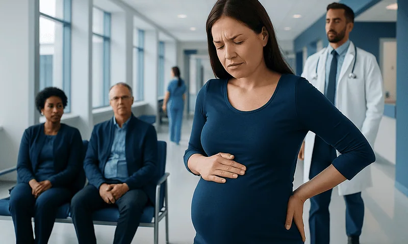 Pregnant woman experiencing abdominal pain in a hospital waiting area.