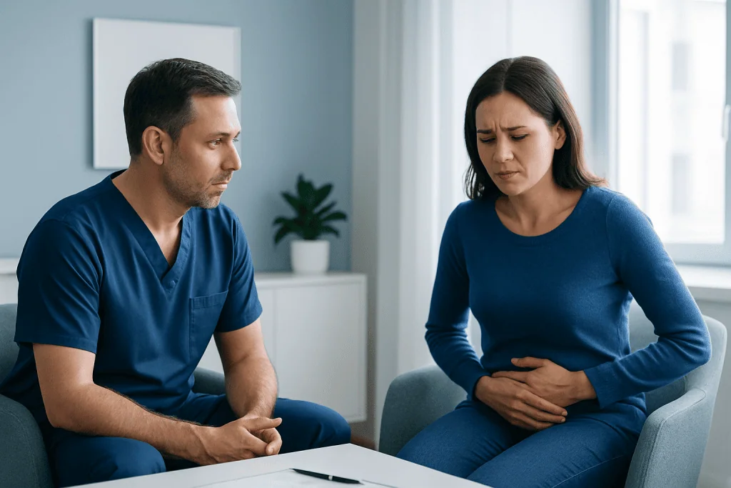 Patient experiencing abdominal pain during consultation with doctor.