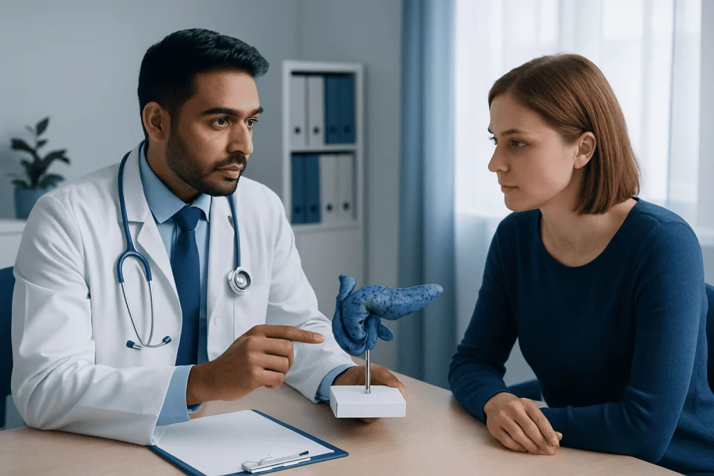 Doctor explaining pancreatic model to patient in consultation room.